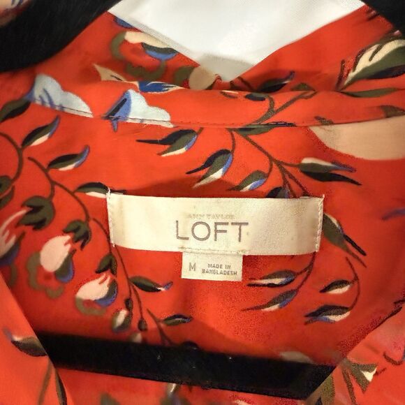 LOFT Blouse Women's Medium Orange Floral Button Up Long Sleeve Pockets - Picture 5 of 10
